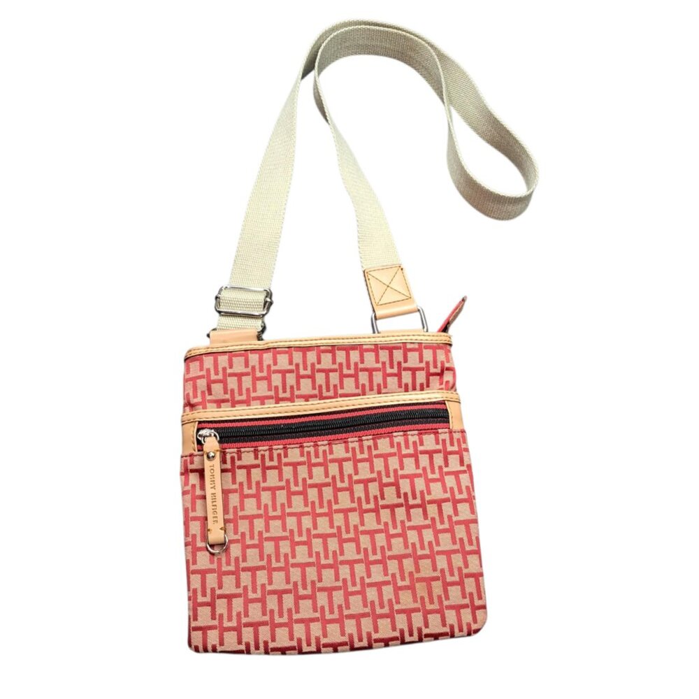 Tommy Hilfiger Tan Red Monogram Crossbody Bag – Small Travel Purse